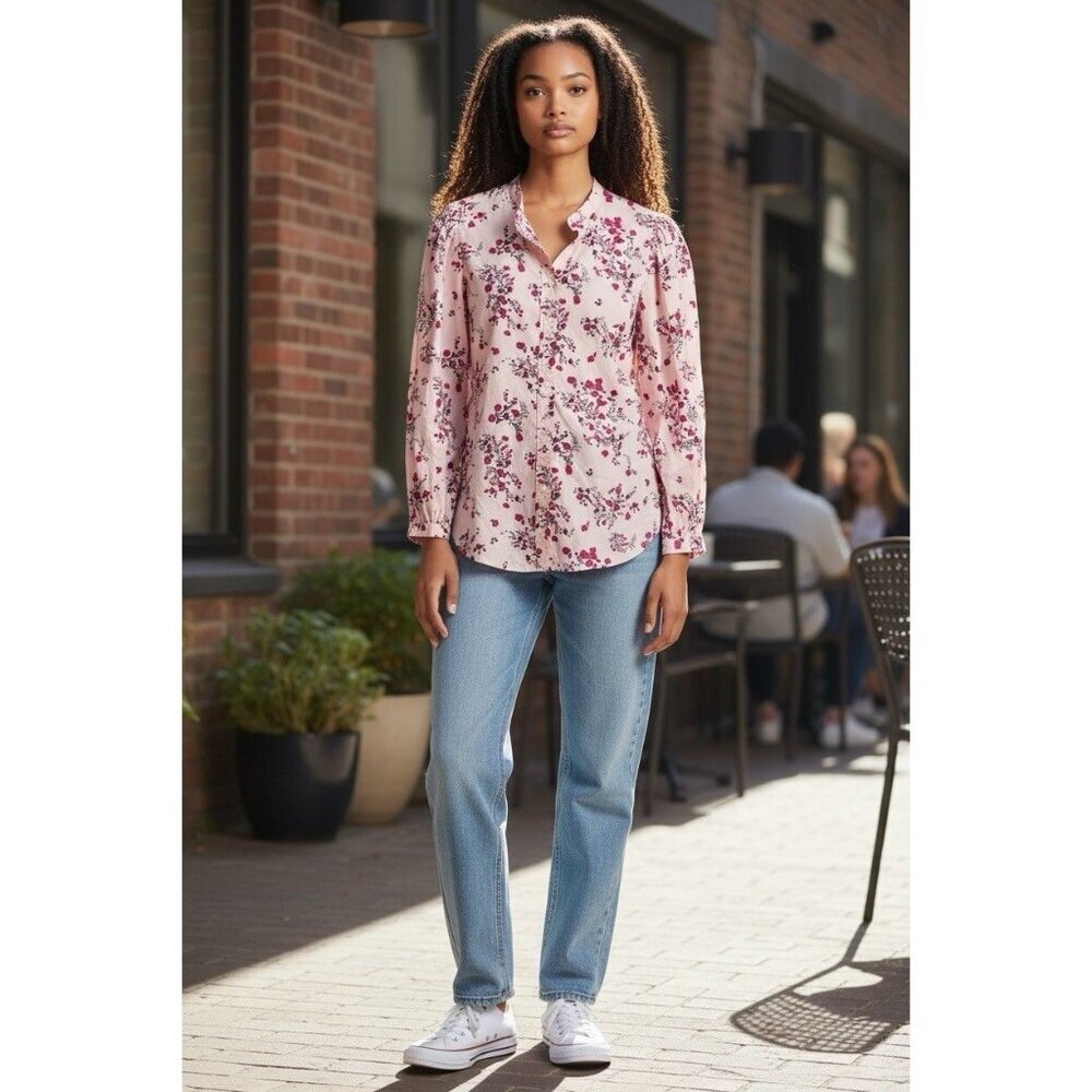 J Crew Women’s Cherry Blossom Asian Insipired Button Down Dress Shirt Size 8